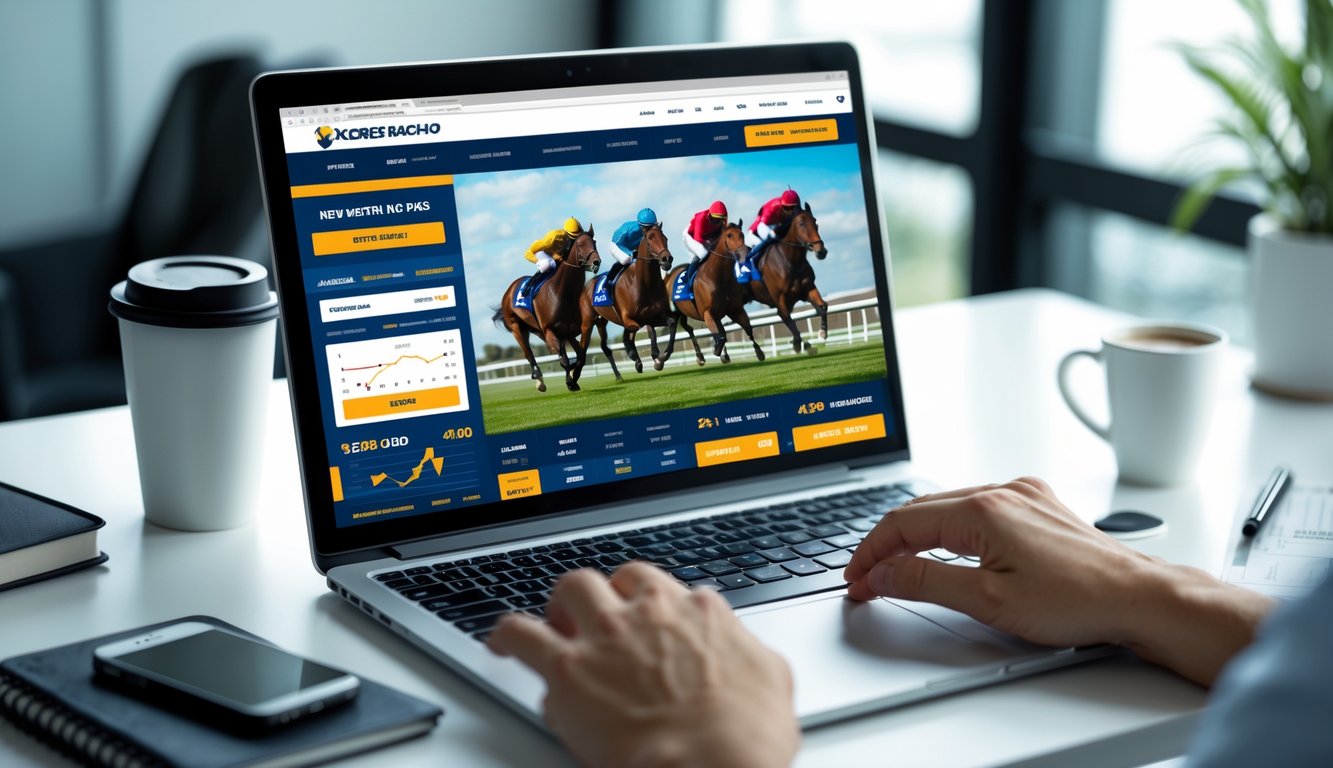 Seorang pengguna berinteraksi dengan laptop dan ponsel di meja kerja yang rapi, menampilkan visual balap kuda dan grafik taruhan.