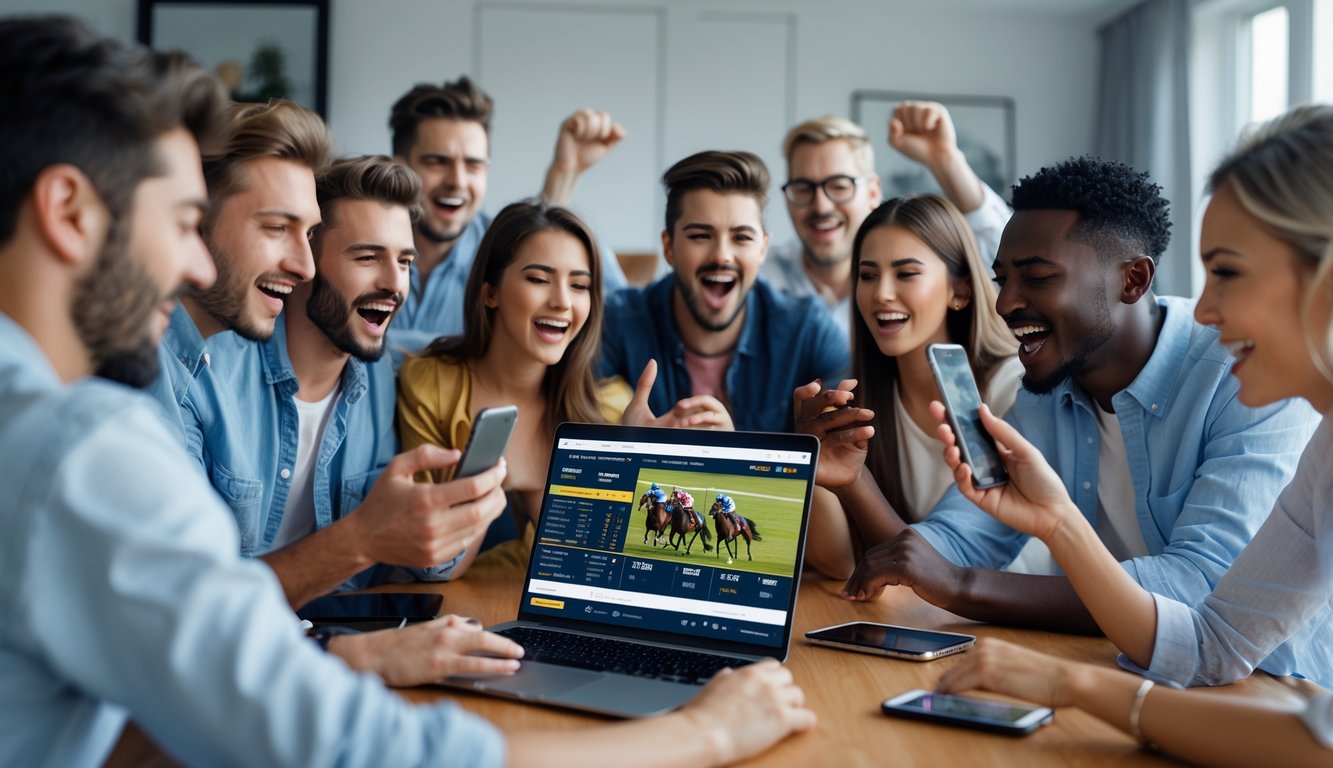 Sekelompok orang muda sedang menggunakan laptop dan ponsel untuk memasang taruhan balap kuda online dengan ekspresi senang dan antusias.