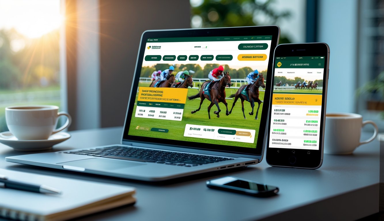 Seseorang menggunakan laptop dan ponsel untuk memasang taruhan balap kuda online di meja kerja dengan cahaya alami.