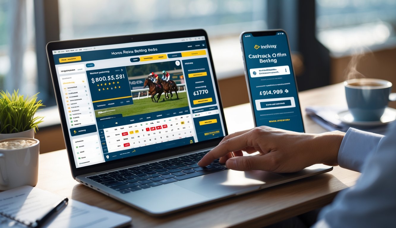 Seorang pria menggunakan laptop di meja kerja dengan tampilan situs taruhan balap kuda online dan ponsel yang menunjukkan notifikasi promo cashback.