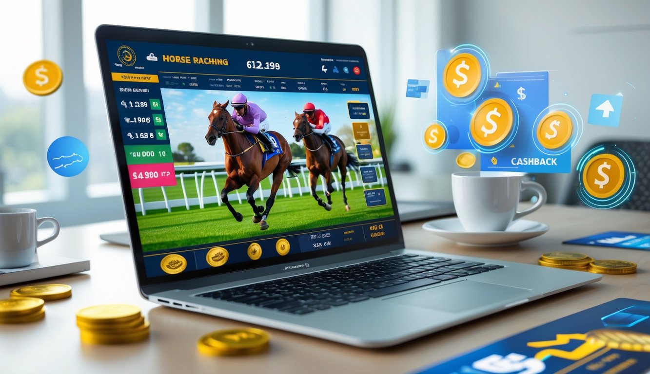 Seorang pengguna komputer di meja kerja yang menampilkan layar dengan grafik balap kuda dan simbol cashback, menggambarkan konsep judi balap kuda online dengan promo menarik.