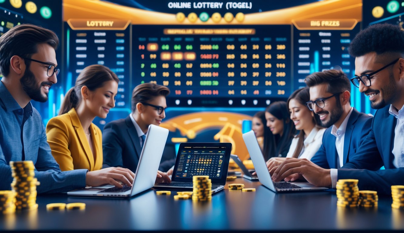 Orang-orang menggunakan perangkat digital untuk bermain togel online dengan tampilan angka dan grafik di layar.