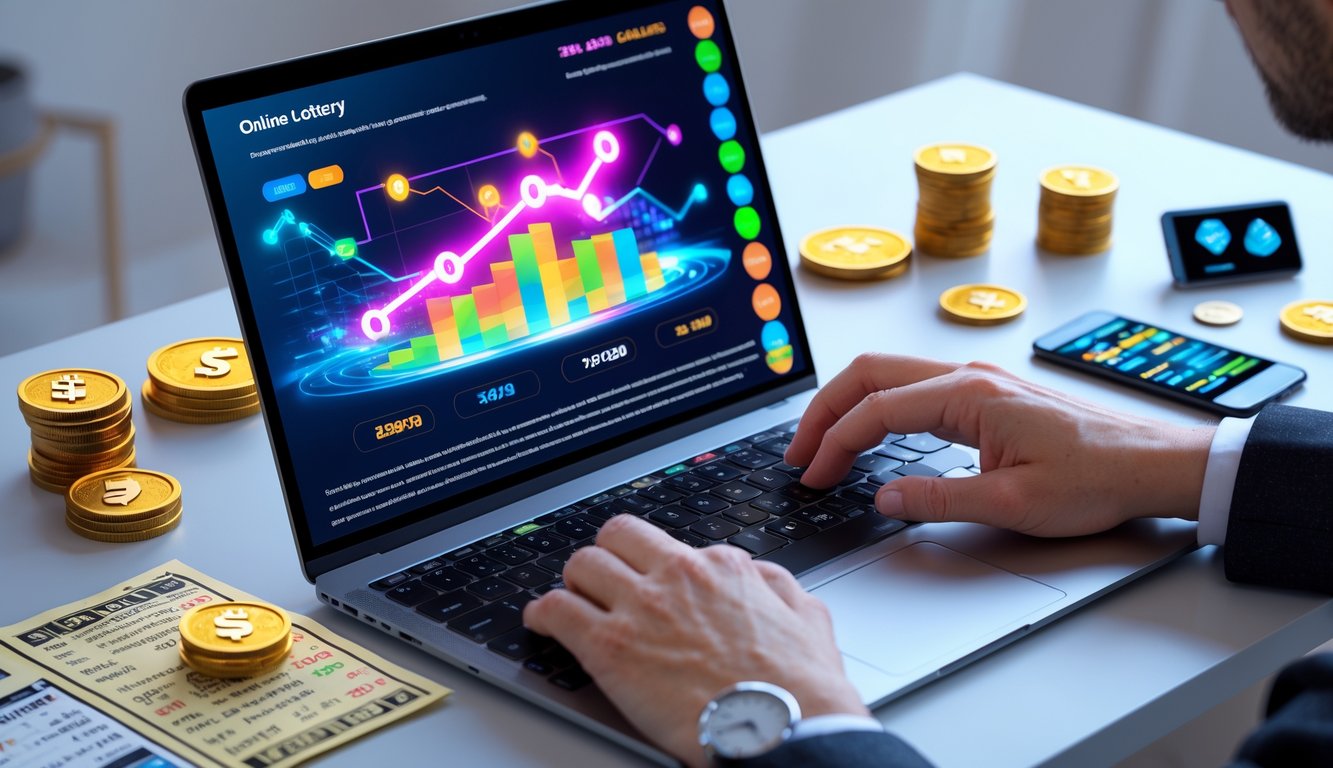 Seseorang menggunakan laptop di meja kerja dengan tampilan antarmuka lotere online dan elemen terkait perjudian digital di sekitarnya.