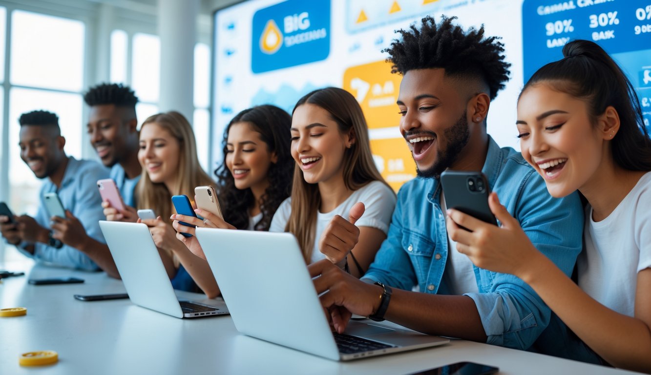 Sekelompok orang muda menggunakan perangkat digital dengan ekspresi senang, menggambarkan suasana taruhan online dengan diskon besar dan cashback harian.