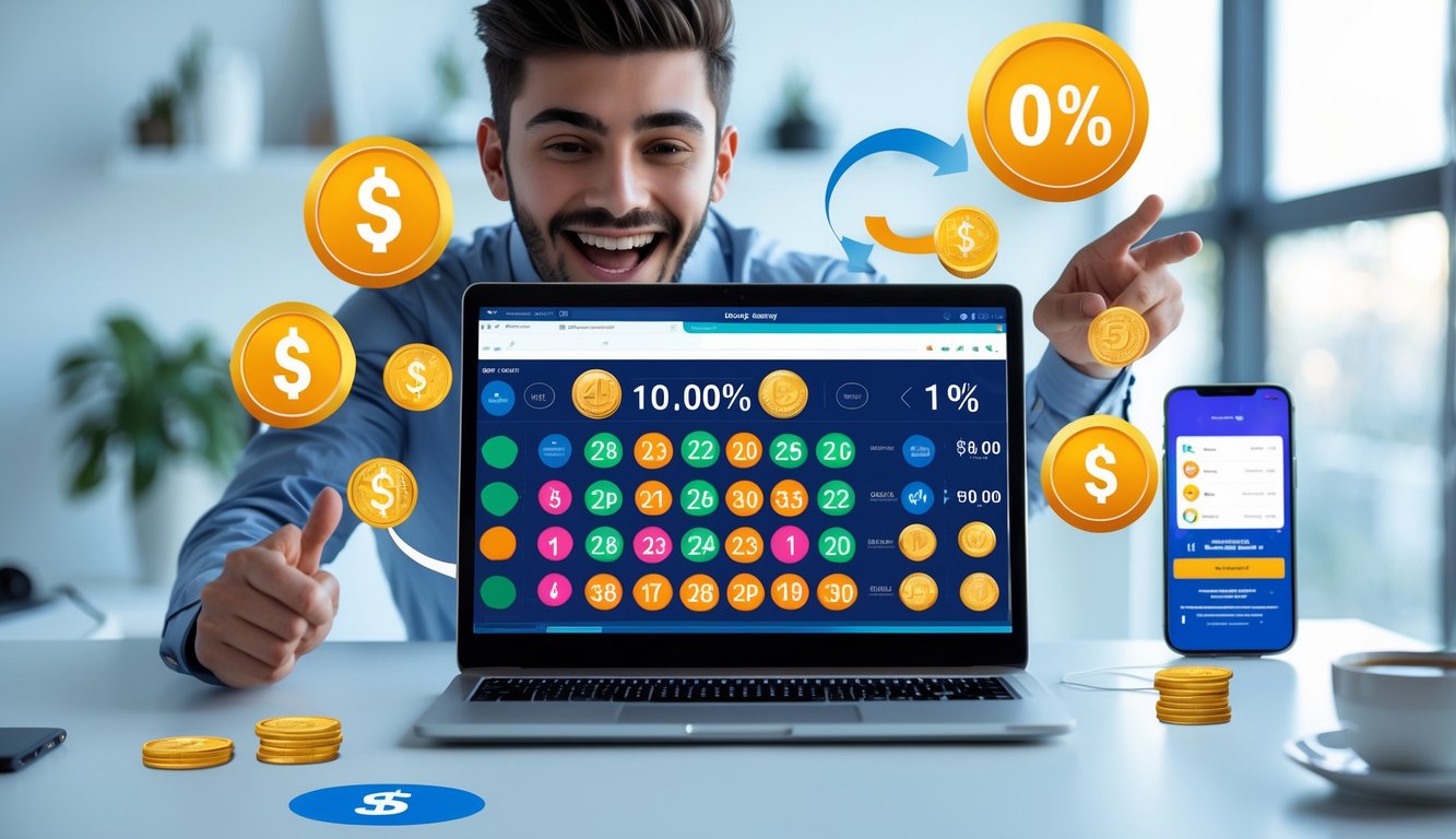 Seseorang sedang menggunakan laptop di meja kerja dengan tampilan angka togel dan ikon diskon serta cashback di sekitarnya.