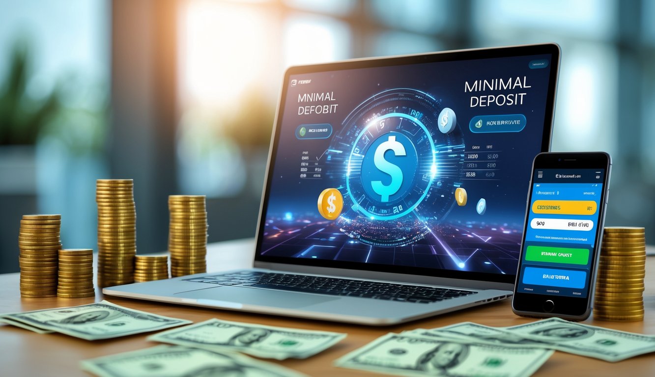 Sebuah ruang kerja modern dengan laptop, uang, dan ponsel yang menampilkan aktivitas taruhan online.