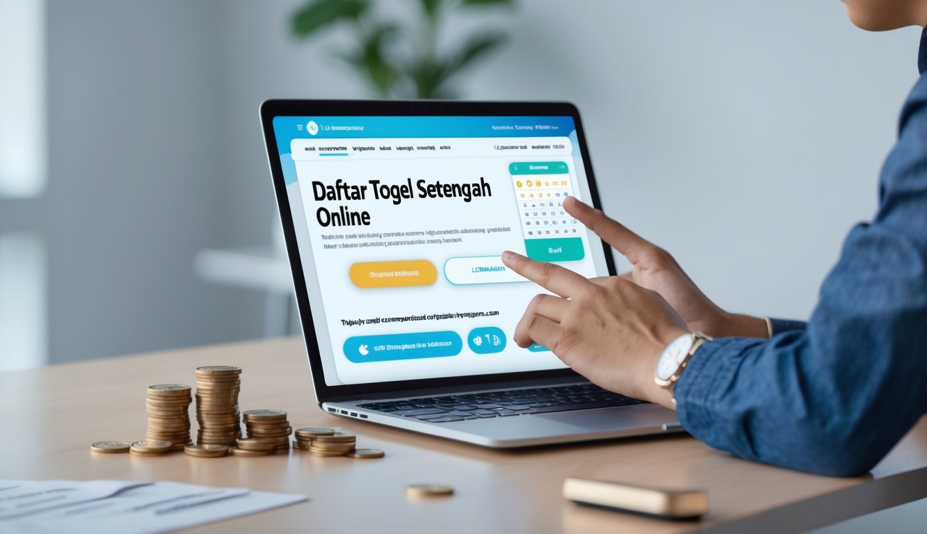 Seseorang menggunakan laptop di meja kerja dengan koin dan uang di sekitar, menunjukkan aktivitas daftar togel online.