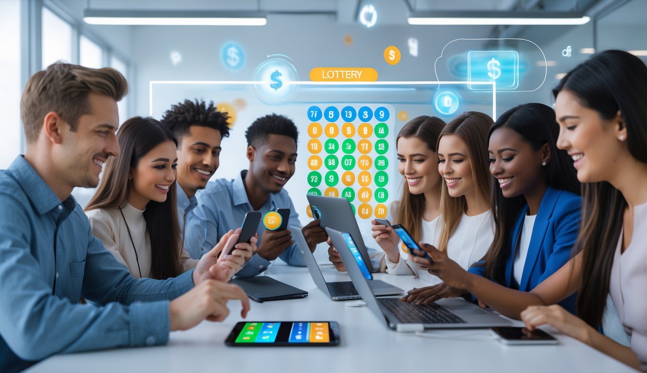 Sekelompok orang muda menggunakan perangkat digital untuk bermain lotere online dan melakukan pembayaran cepat di sebuah kantor modern.