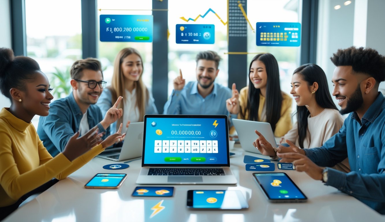 Sekelompok orang muda menggunakan perangkat elektronik untuk bermain togel online dengan suasana ceria dan fokus pada pembayaran cepat.