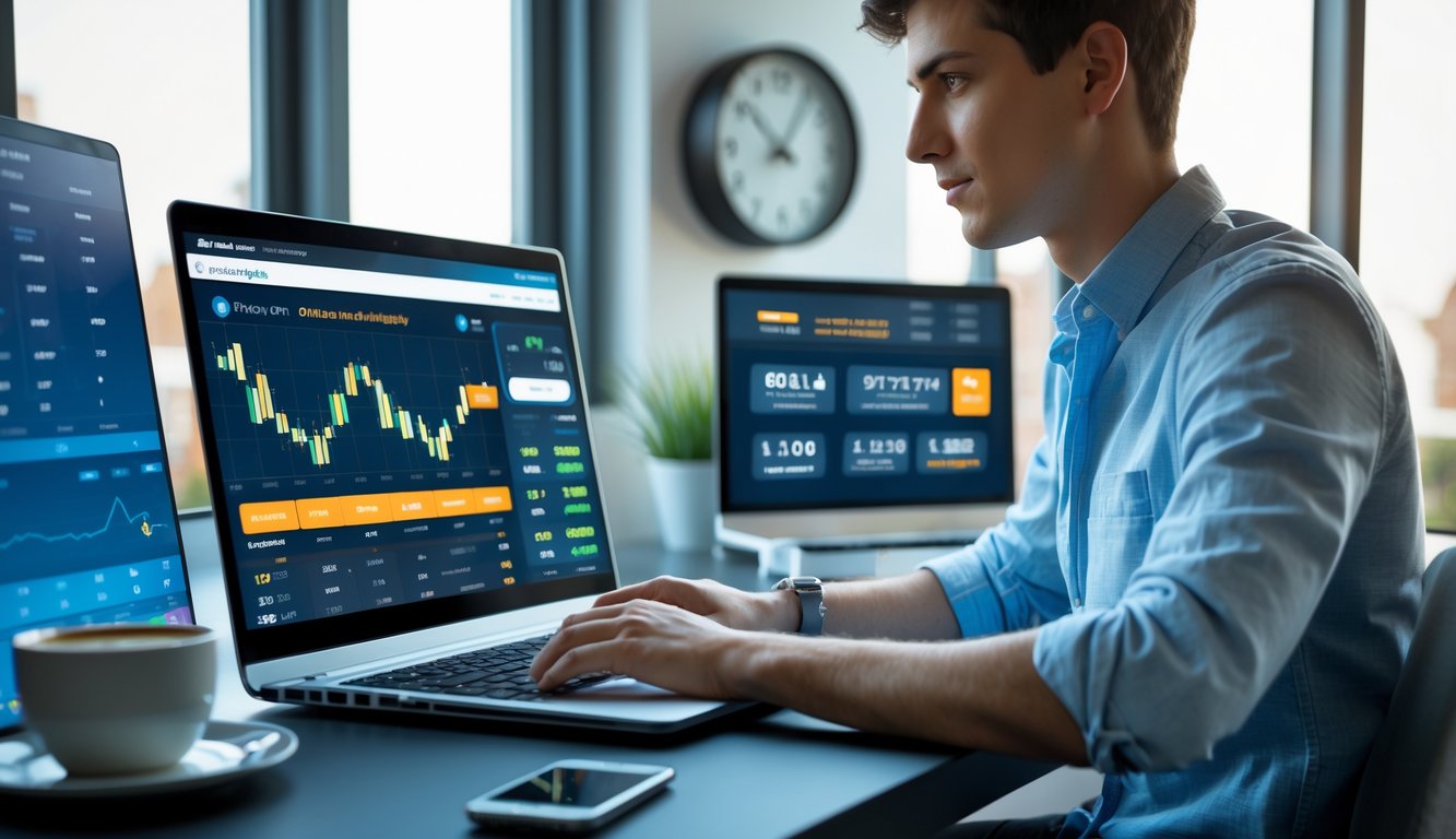 Seorang dewasa muda sedang menggunakan laptop di meja kerja dengan beberapa layar menampilkan angka dan grafik, menunjukkan aktivitas taruhan online yang terpercaya dan buka 24 jam.
