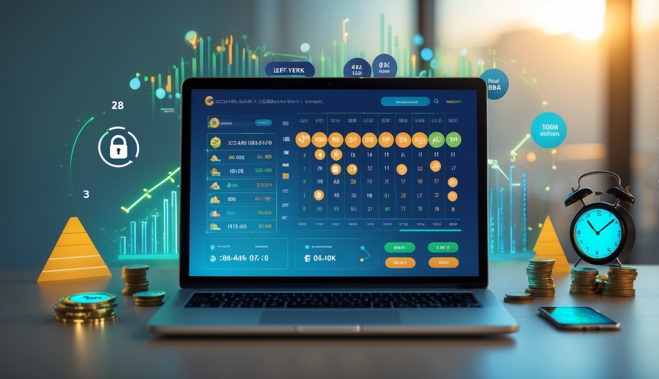 Seorang profesional menggunakan laptop dengan tampilan antarmuka lotere digital dan ikon keamanan di meja kerja modern.