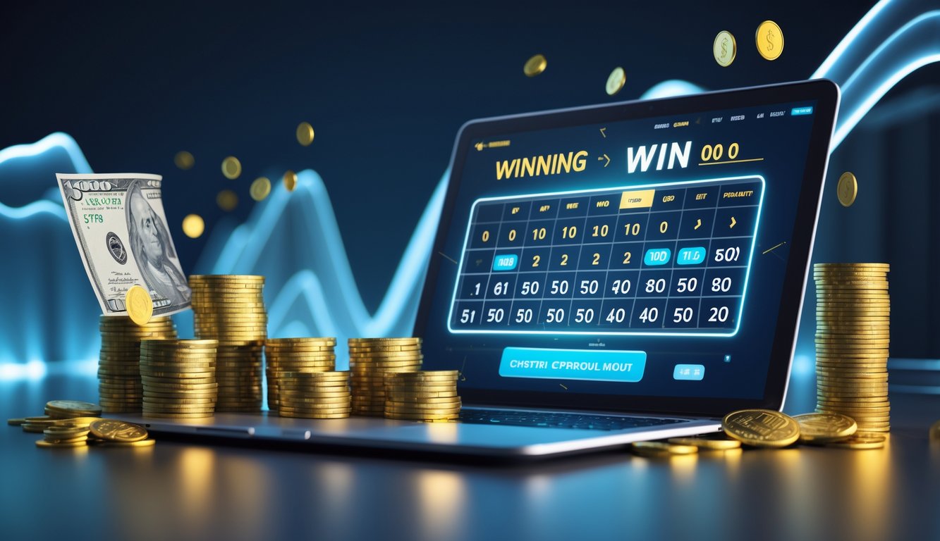 Seseorang menggunakan laptop dengan layar menampilkan antarmuka permainan togel online, dikelilingi oleh tumpukan uang dan koin emas.