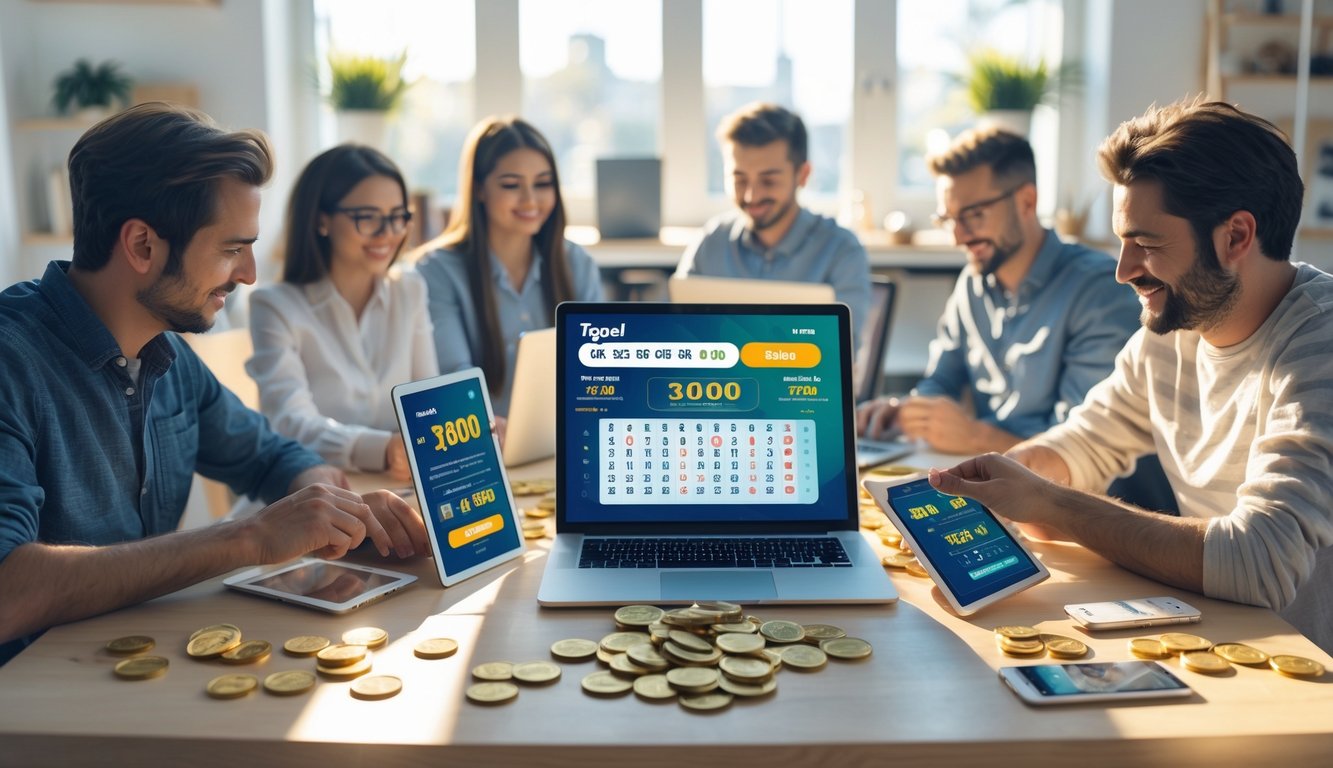 Beberapa orang menggunakan perangkat elektronik untuk bermain togel online di ruang kerja modern yang terang dan bersih.