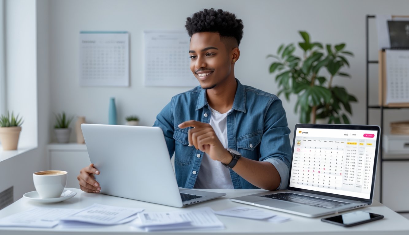 Seorang dewasa muda duduk di meja dengan laptop dan smartphone, sedang menganalisis data terkait togel online di ruang kerja yang terang dan rapi.