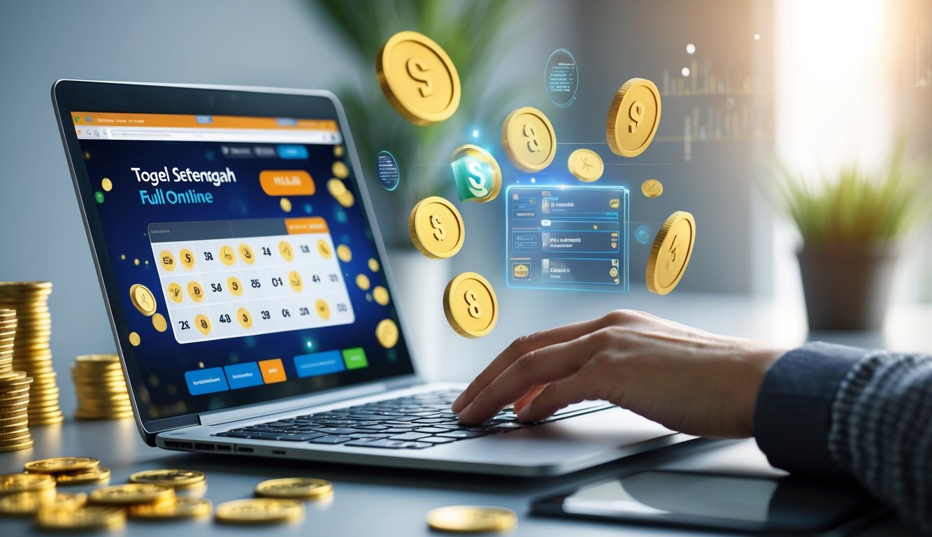 Seseorang menggunakan laptop di meja kerja dengan tampilan situs togel online dan elemen koin digital di sekitarnya.
