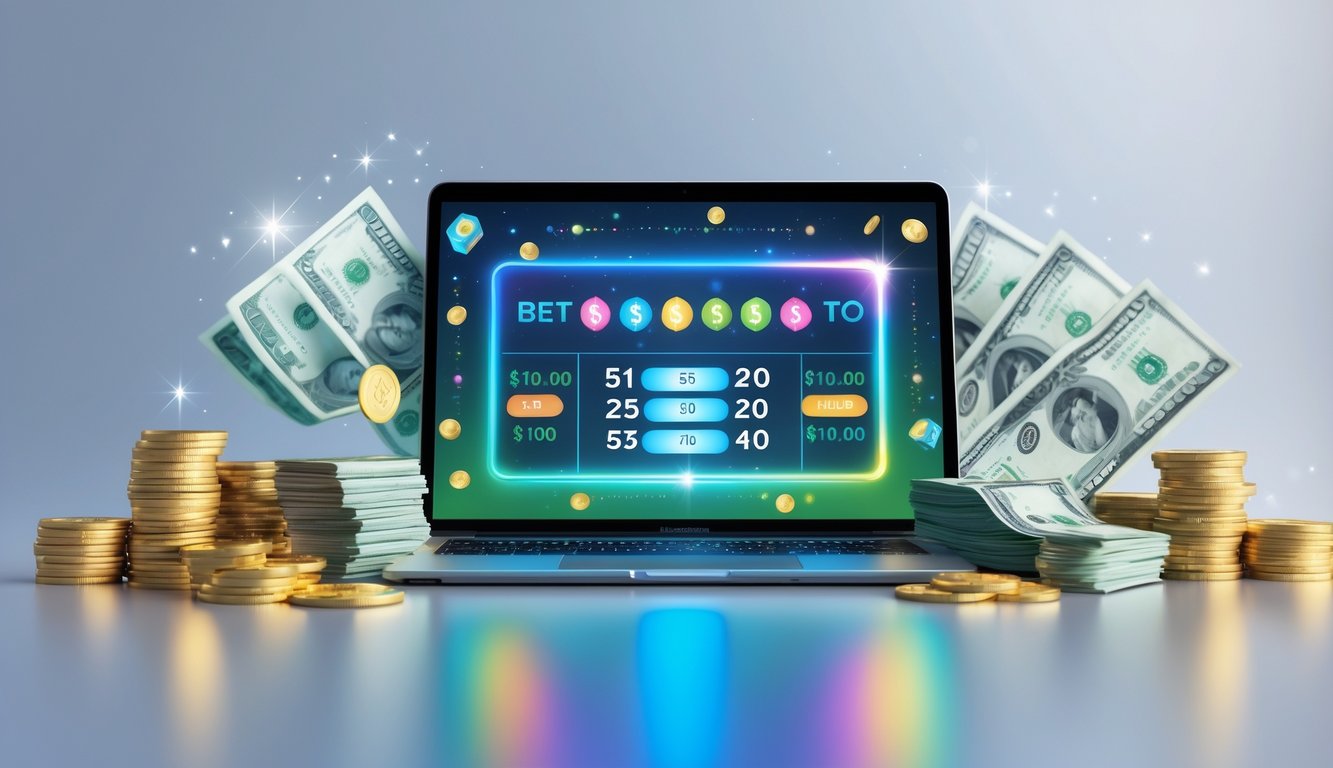 Perangkat digital menampilkan antarmuka taruhan online dengan tumpukan uang dan koin di sekitarnya.