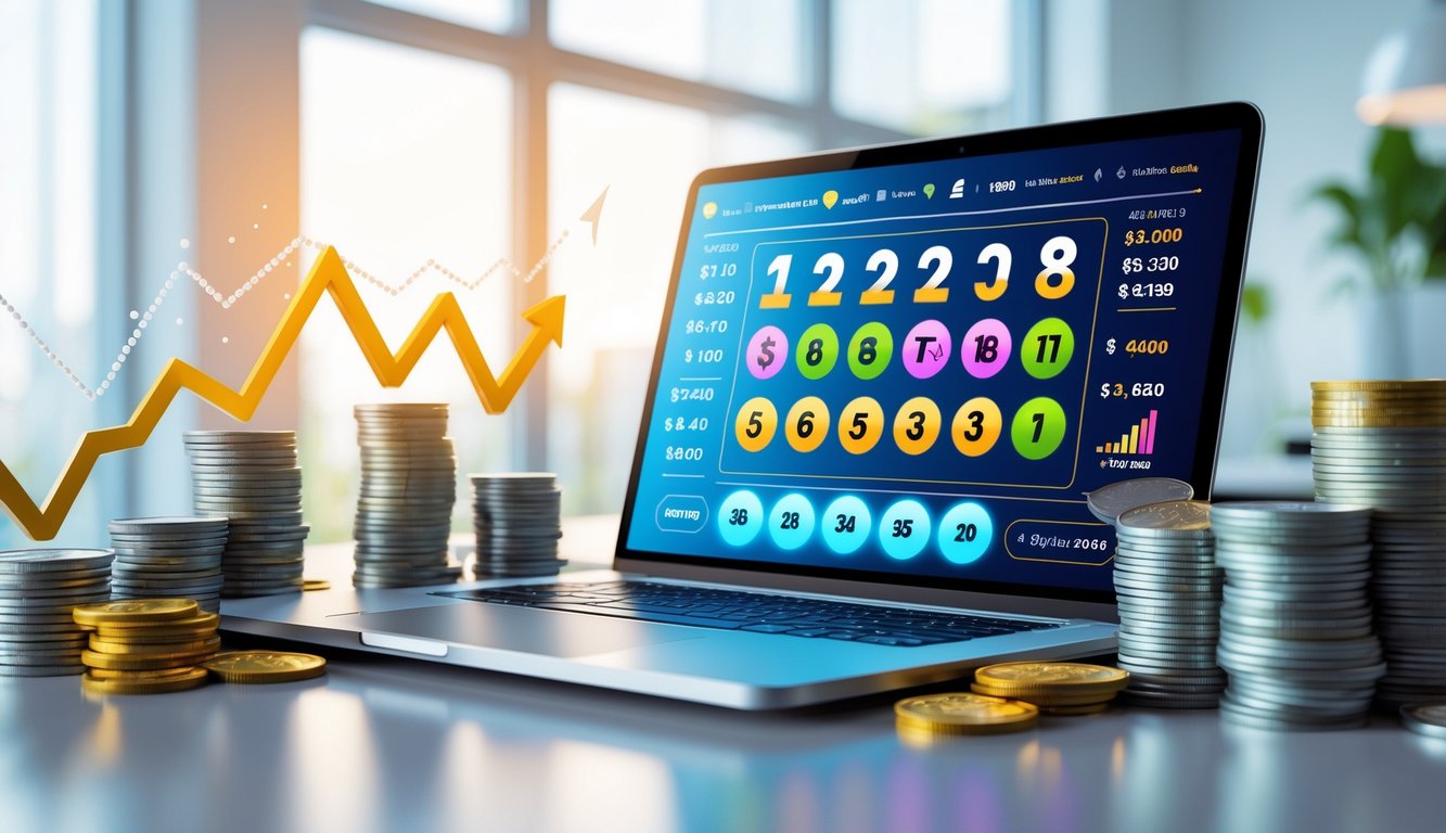 Seorang profesional menggunakan laptop dengan layar menampilkan angka lotre dan grafik keuangan di meja kantor yang terang dan rapi.