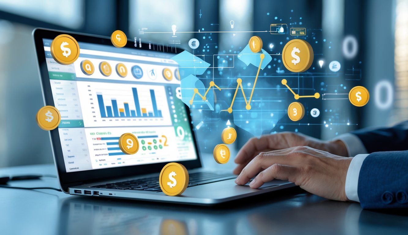 Seseorang menggunakan laptop di meja kerja dengan grafik dan angka terkait prediksi togel online.