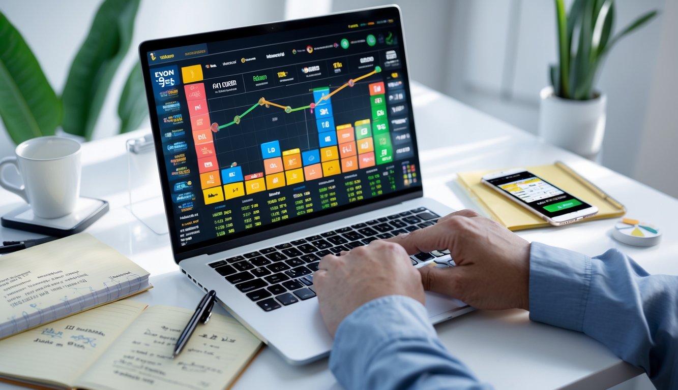 Seorang pengguna bekerja dengan laptop yang menampilkan dashboard prediksi togel online, dikelilingi oleh alat tulis dan ponsel di meja kerja yang rapi.