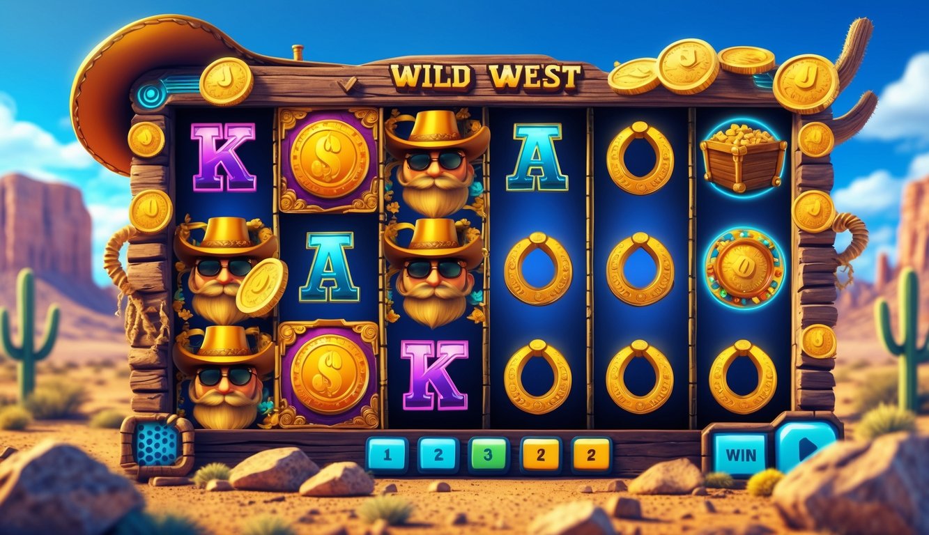 Tampilan layar mesin slot online bertema Wild West dengan latar belakang gurun dan simbol emas serta topi koboi.