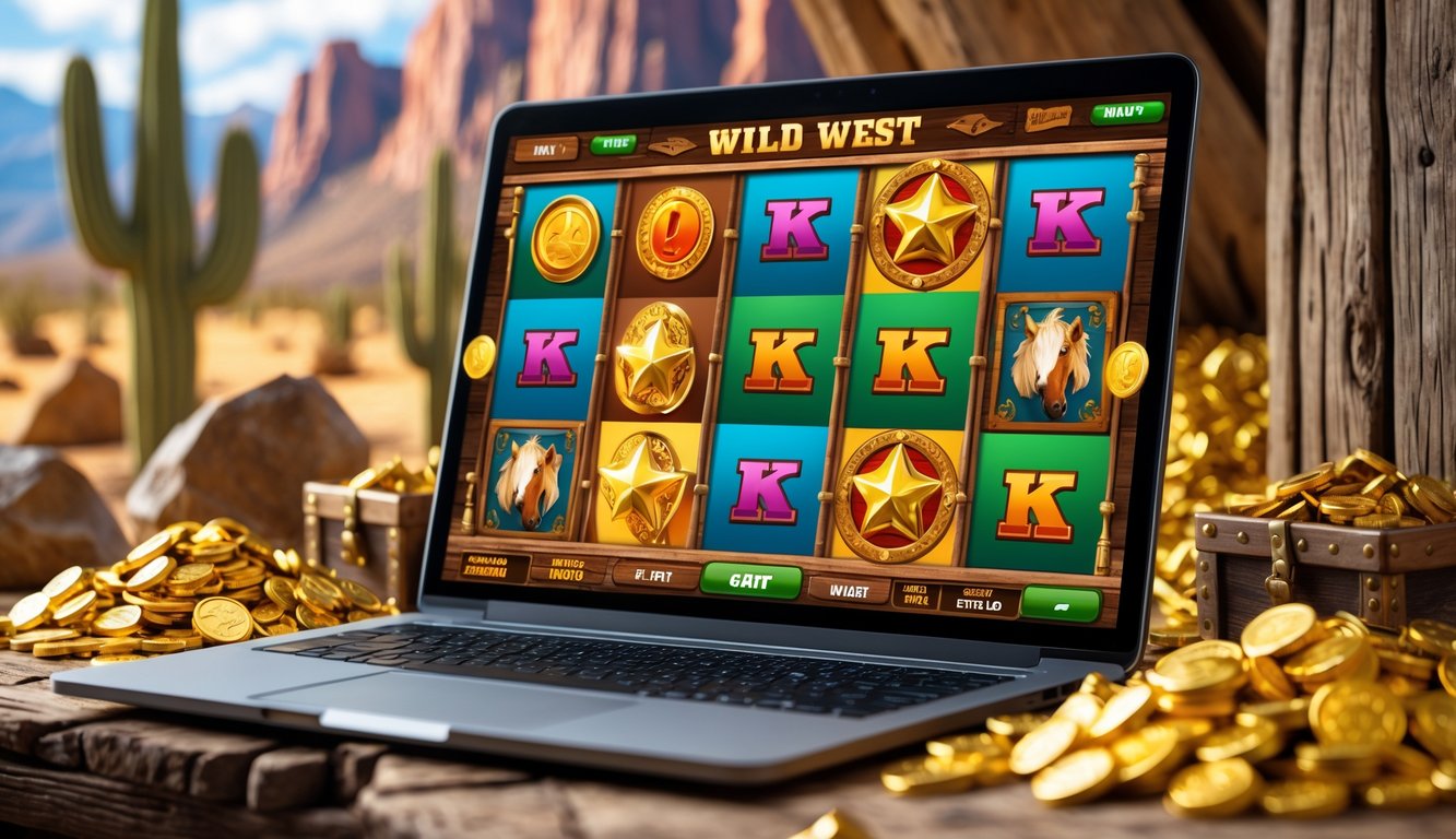 Layar komputer menampilkan permainan slot bertema Wild West dengan simbol emas dan koboi, dikelilingi elemen kayu dan pemandangan gurun.
