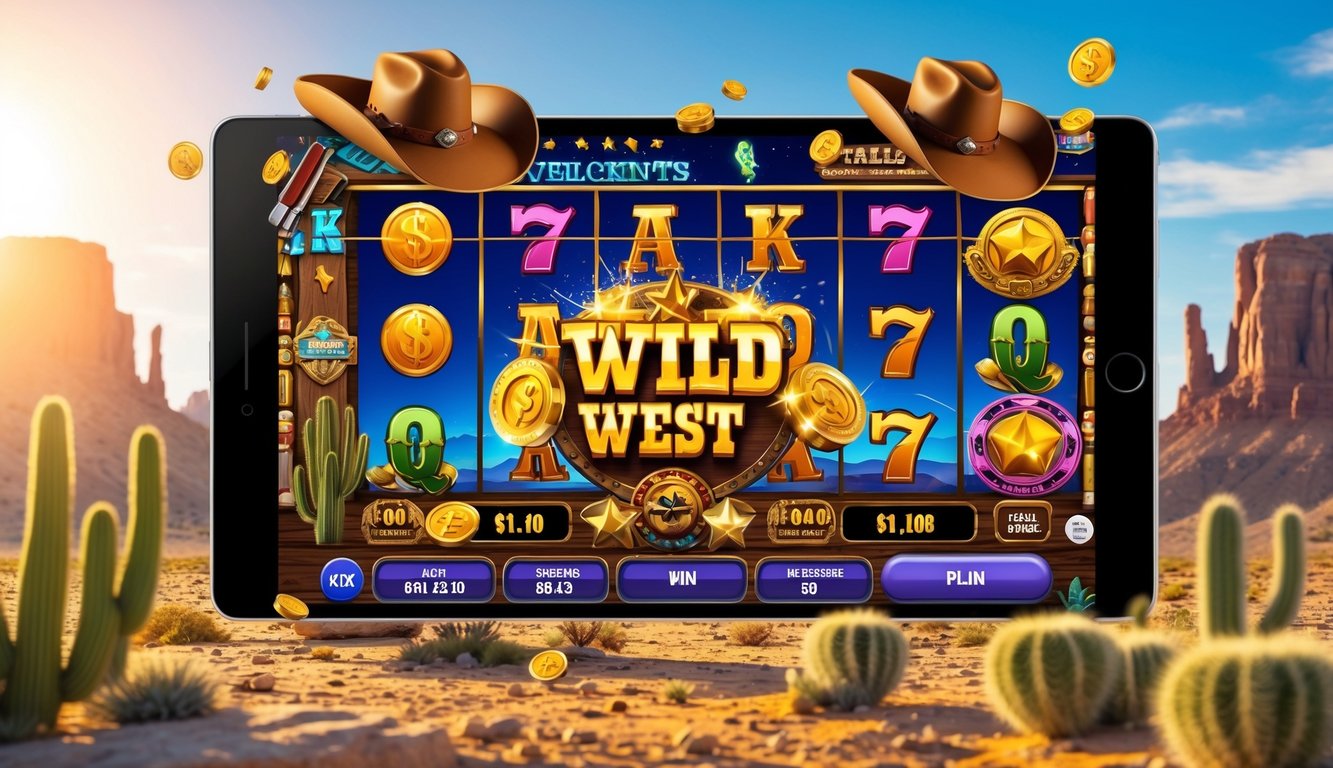 Layar permainan slot online bertema Wild West dengan simbol koboi, koin emas, dan latar gurun berkarang di bawah langit biru.