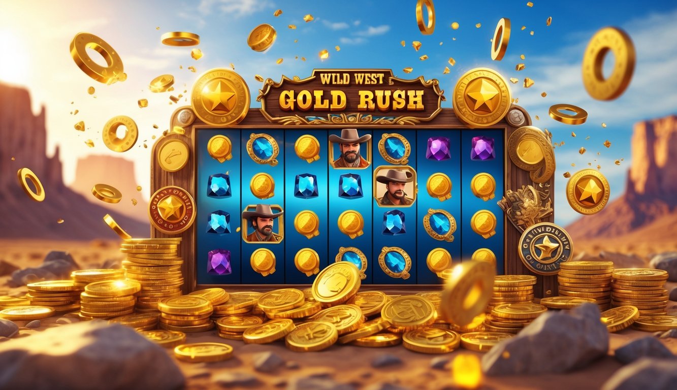 Gambar mesin slot online bertema Wild West dengan koin emas dan simbol koboi di latar gurun dan gunung.