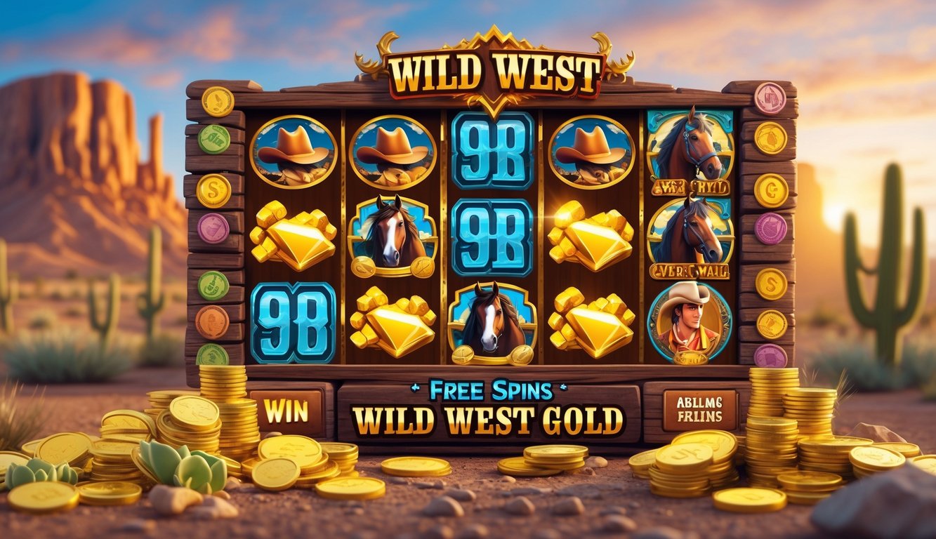 Layar mesin slot digital dengan simbol koboi dan emas di latar gurun Barat liar saat matahari terbenam.
