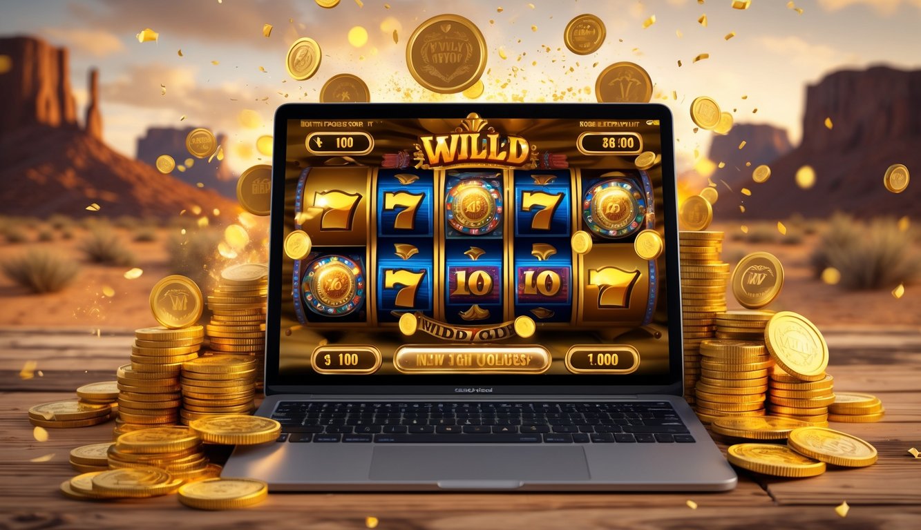 Seseorang menggunakan laptop dengan layar menampilkan permainan slot online bertema Wild West dengan koin emas dan suasana ala barat liar di latar belakang.