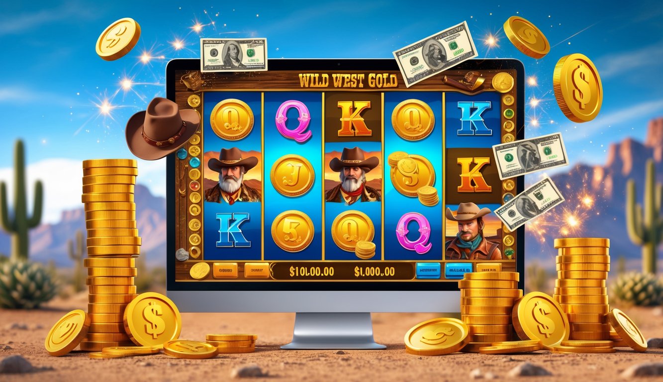 Layar perangkat menampilkan permainan slot bertema Wild West dengan simbol koin emas dan topi koboi, dikelilingi tumpukan koin emas dan latar belakang gurun dengan kaktus.