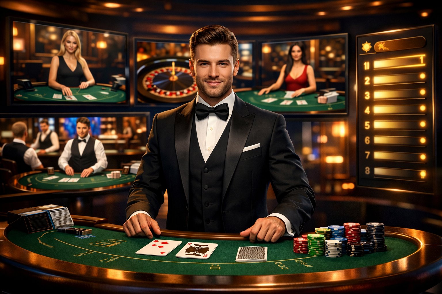 A Casino Scene Showing A Live Dealer At A Table With Cards And Chips, Surrounded By Multiple Screens Displaying Various Live Casino Games And A Glowing Leaderboard In The Background.