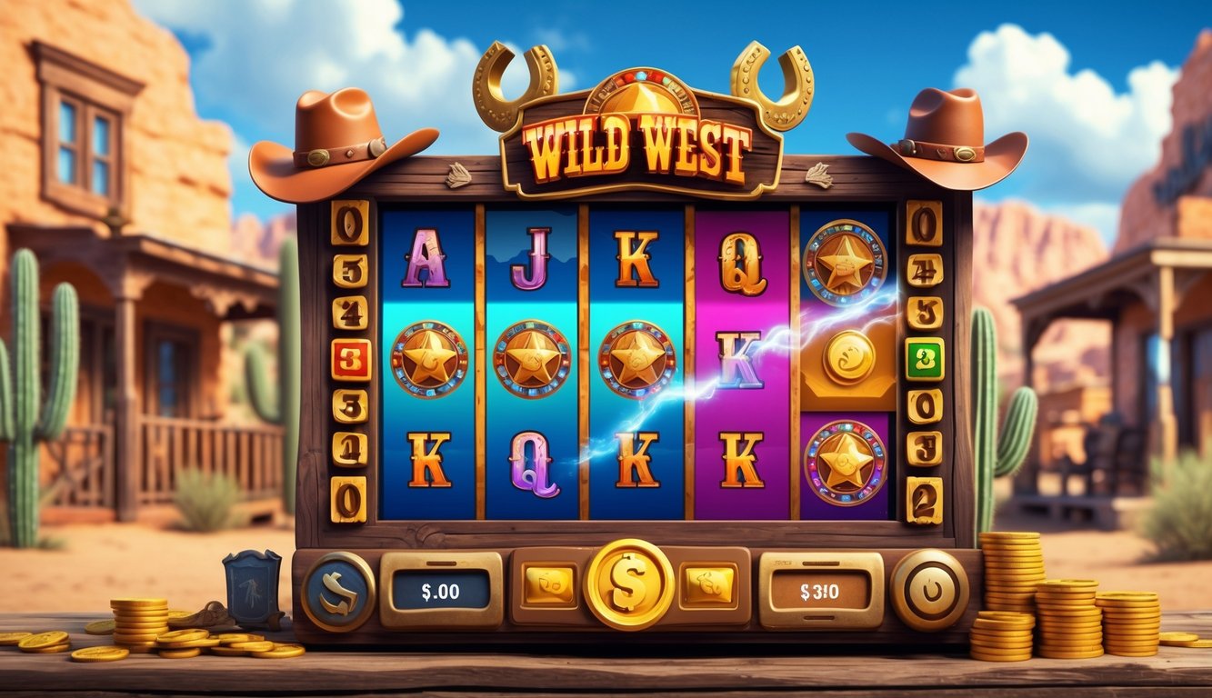 Tampilan layar mesin slot online bertema Wild West dengan simbol koin emas dan topi koboi yang menunjukkan kemenangan besar.