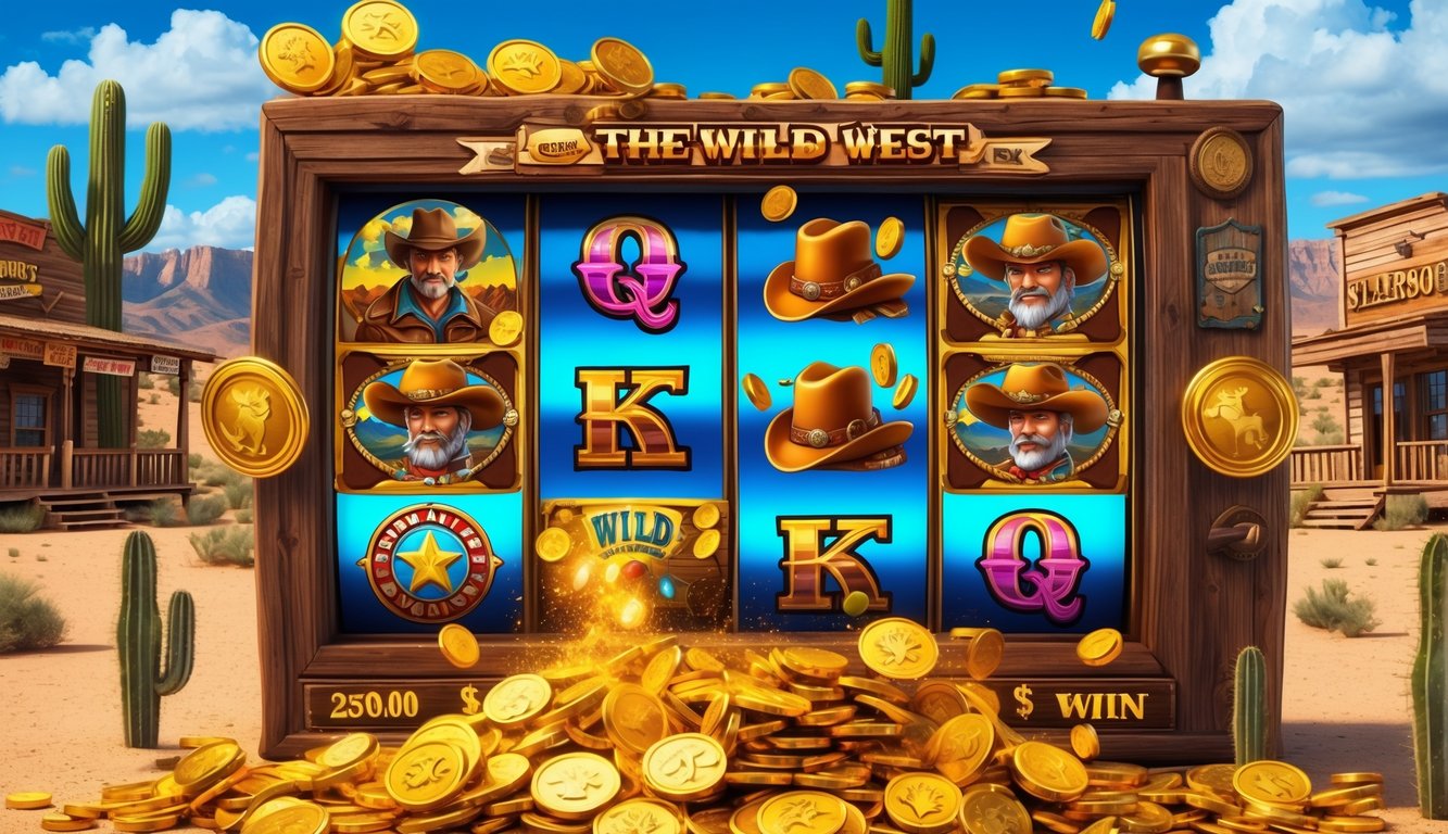 Tampilan layar permainan slot online bertema Wild West dengan simbol emas, topi koboi, dan suasana kota Barat klasik.