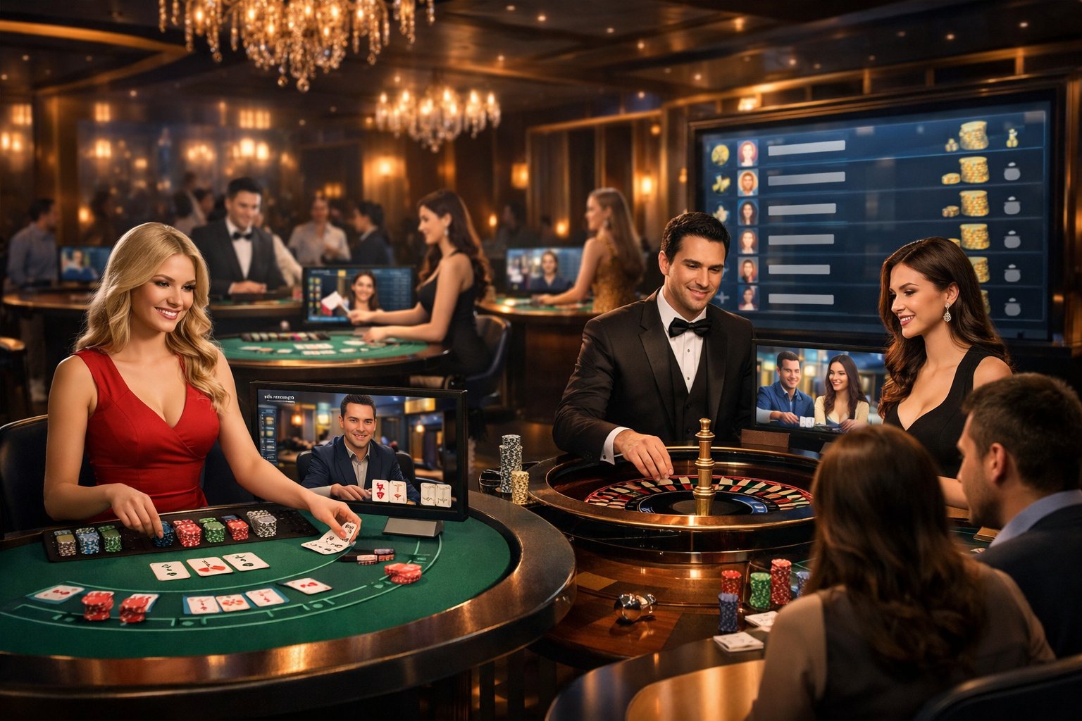 A Modern Casino Interior With Live Dealer Tables, Dealers Interacting With Players Through Digital Screens, And Gaming Elements Like Cards, Roulette Wheels, And Chips.