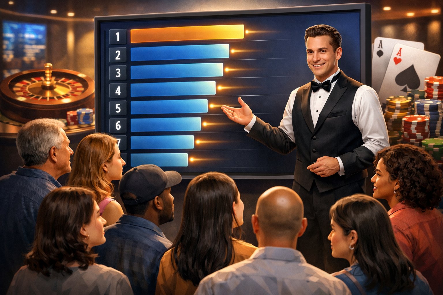 A Diverse Group Of People Gathered Around A Digital Leaderboard In A Casino Setting, With A Casino Dealer Engaging Them.