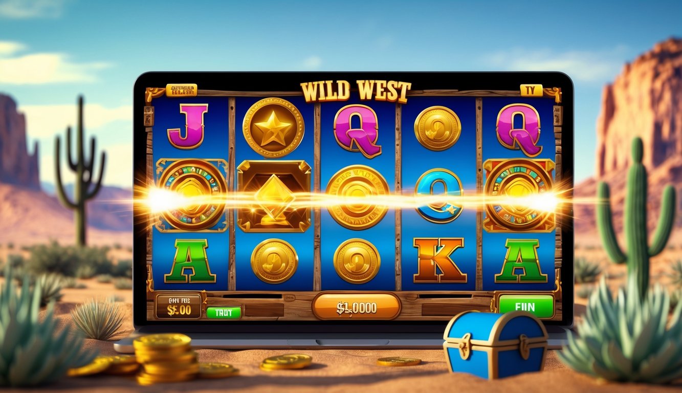 Tampilan layar permainan slot online bertema Wild West dengan simbol koin emas dan topi koboi, menampilkan momen kemenangan besar.