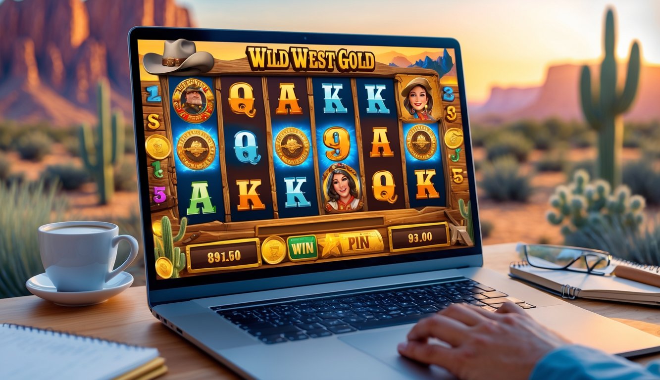 Layar komputer menampilkan permainan slot online bertema Wild West dengan simbol koboi dan emas, di meja kerja dengan kopi dan buku catatan.