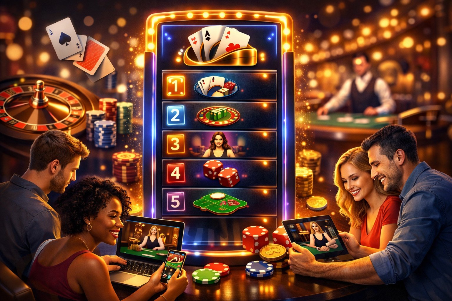 A Digital Leaderboard Displaying Top Live Dealer Casinos With Happy Players Using Laptops And Tablets, Surrounded By Casino Elements Like Cards And Chips.