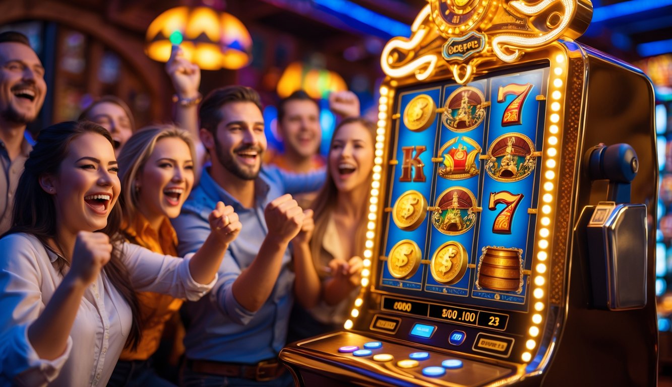 Orang-orang merayakan kemenangan besar di mesin slot bertema Wild West dengan dekorasi kayu dan pencahayaan hangat.