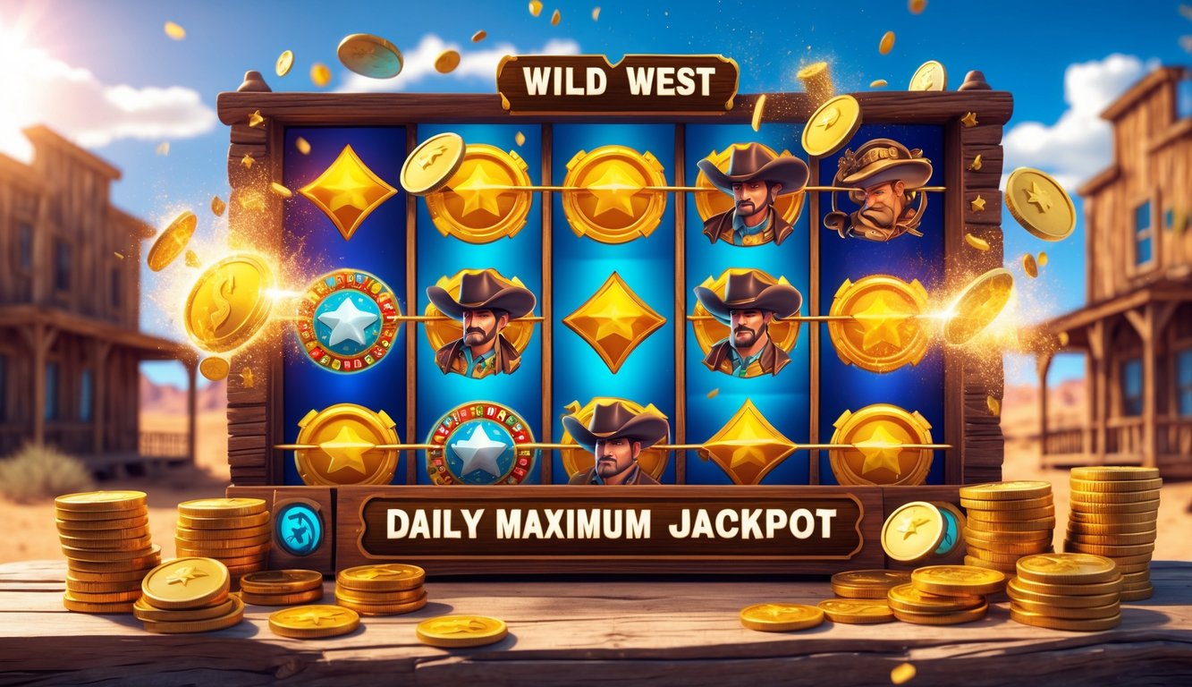 Mesin slot online bertema Wild West dengan simbol koboi, koin emas, dan latar belakang kota Barat yang cerah.