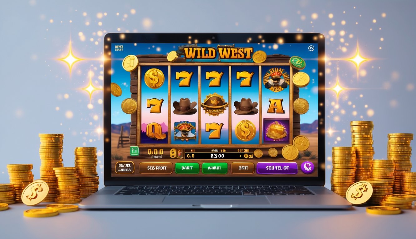 Layar komputer menampilkan permainan slot bertema Wild West dengan koin emas dan simbol koboi, dikelilingi tumpukan koin dan elemen digital.
