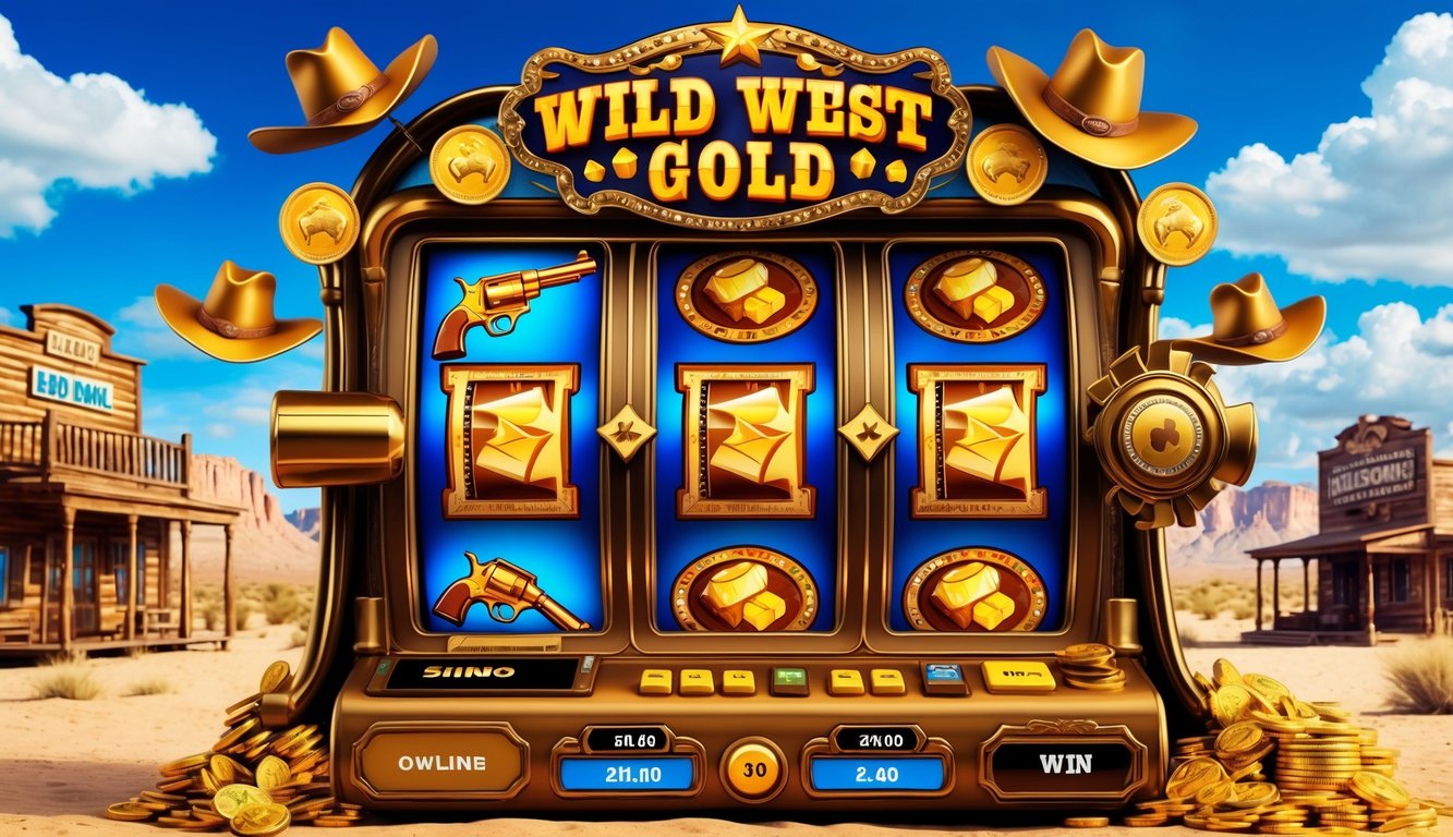 Mesin slot bertema Wild West dengan latar kota barat liar dan langit cerah.