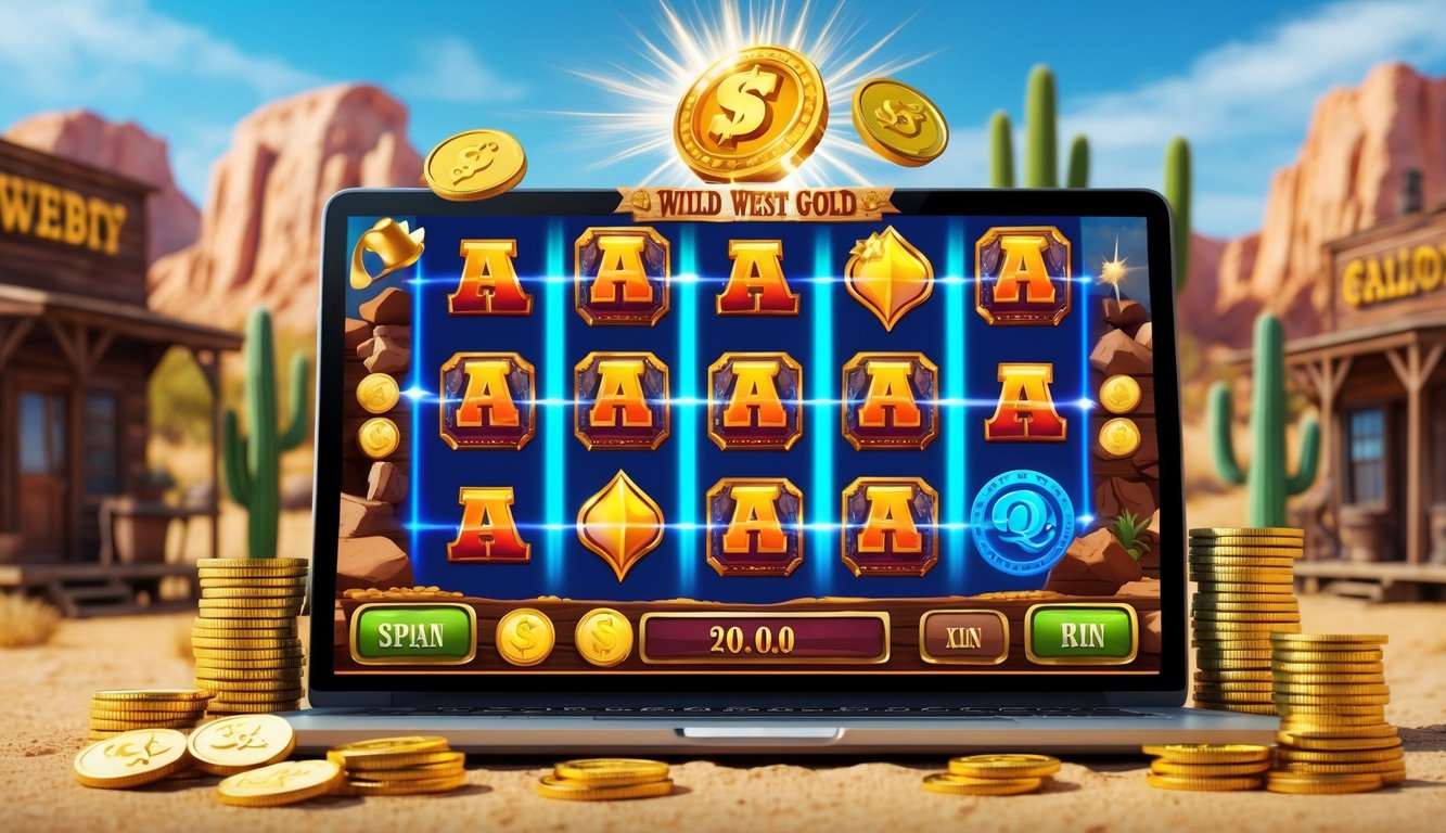 Layar perangkat menampilkan permainan slot bertema Wild West dengan simbol emas dan suasana gurun barat.