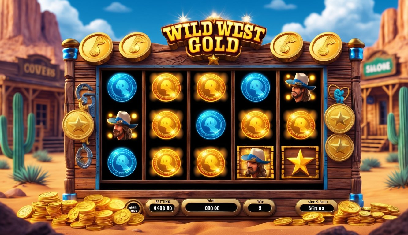 Layar mesin slot online bertema Wild West dengan simbol koin emas dan topi koboi, menunjukkan kemenangan besar di latar belakang gurun dan bangunan kayu.