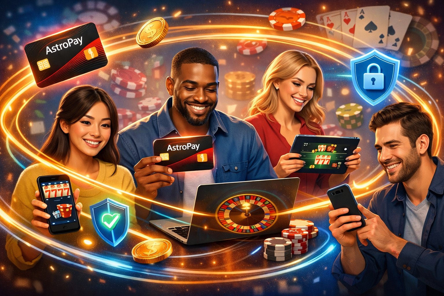 A Group Of Diverse Players Happily Using Digital Devices With Symbols Of Fast And Secure Payments And Casino Elements Around Them.