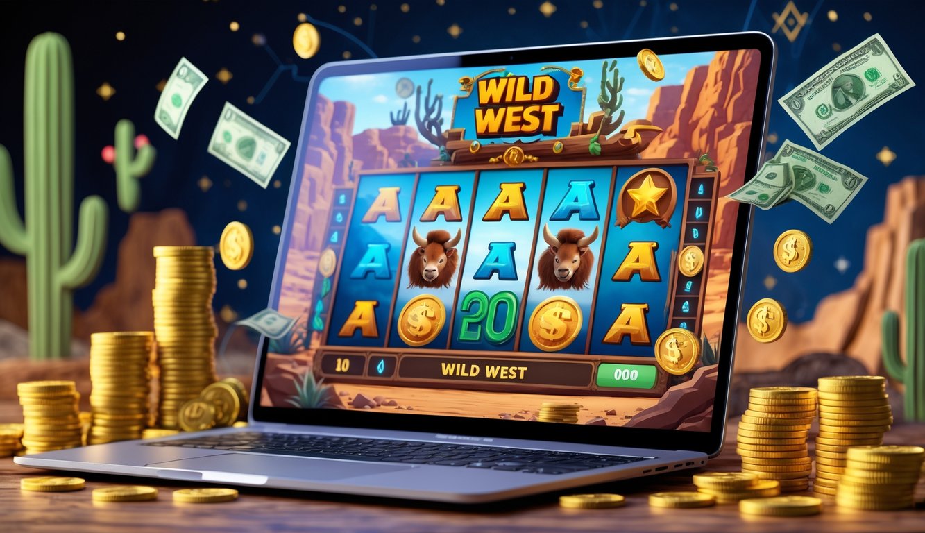 Layar komputer menampilkan permainan slot bertema Wild West dengan tumpukan koin emas dan latar belakang gurun dan kaktus.