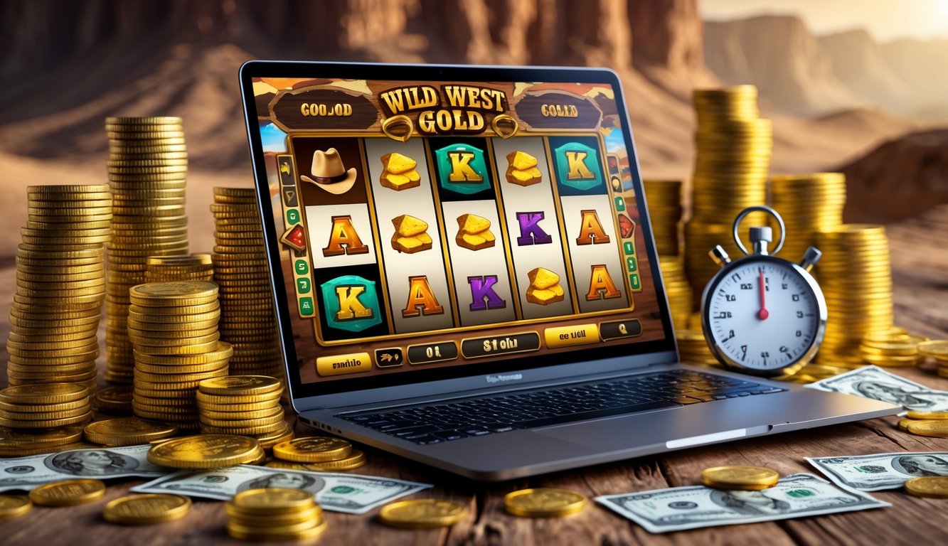 Seorang pemain sedang menggunakan laptop dengan permainan slot bertema Wild West Gold, dikelilingi oleh tumpukan koin emas dan uang kertas, dengan latar belakang bertema kayu dan gurun.