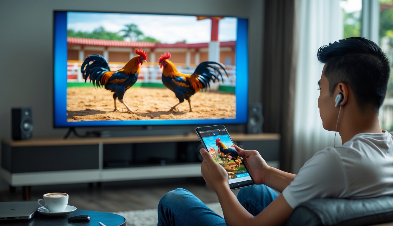 Seorang pria Filipina menonton pertandingan sabung ayam secara online di layar besar dengan suasana ruang tamu yang nyaman.