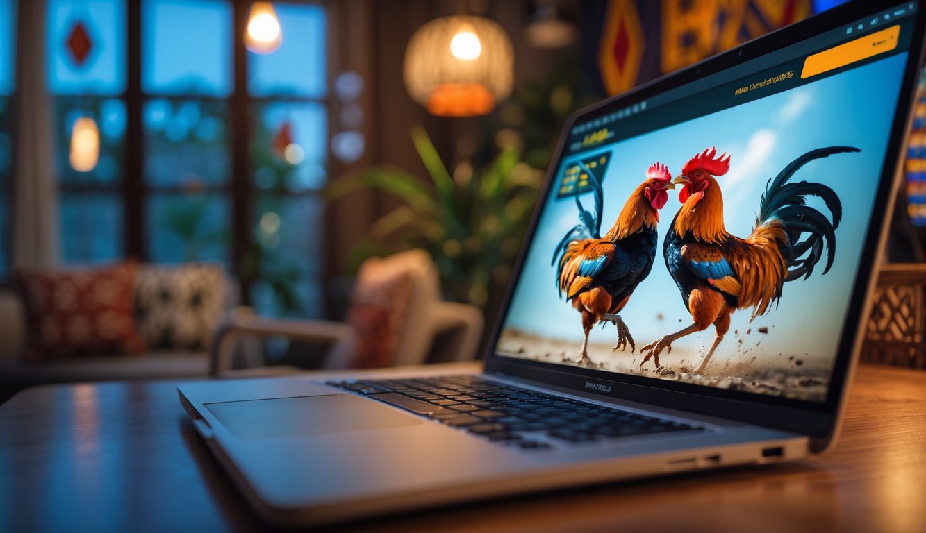 Seorang pria menonton pertandingan sabung ayam Filipina secara online di layar komputer dengan dua ayam jago sedang bertarung.