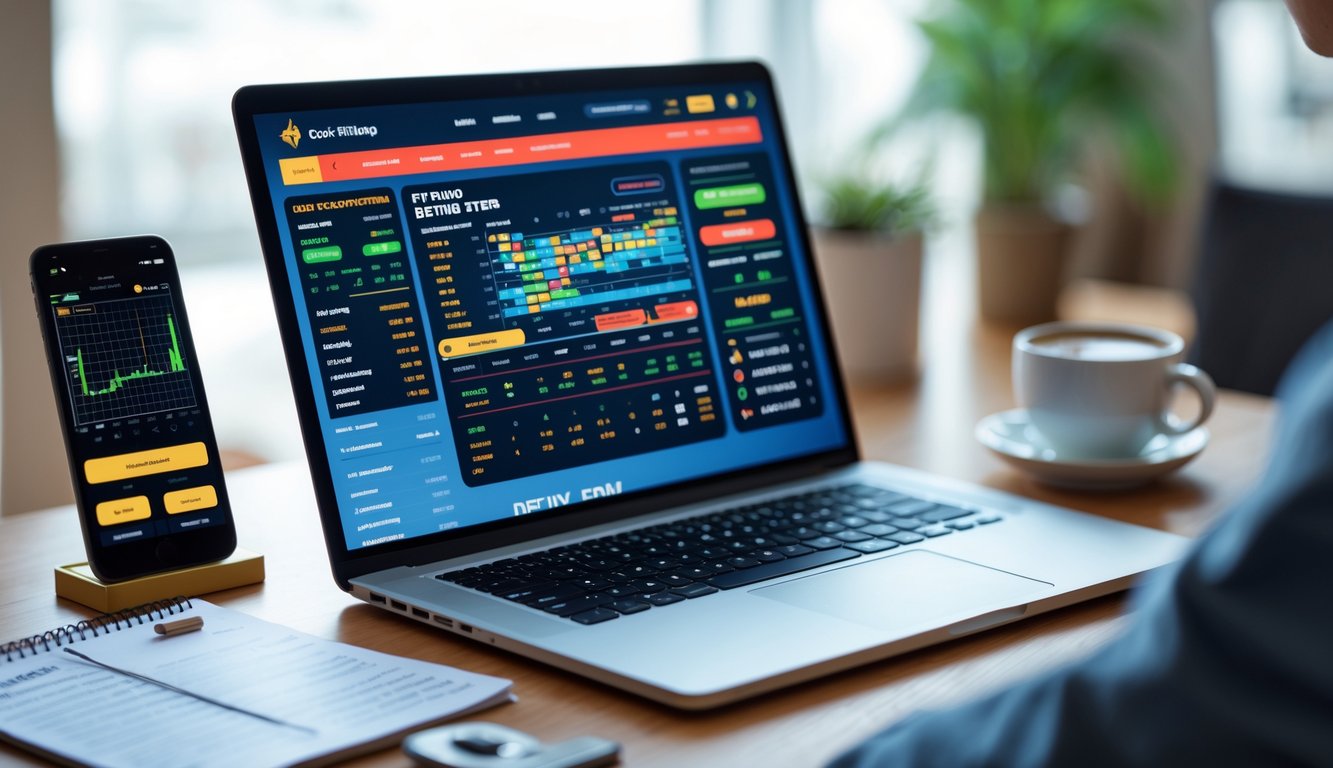 Seorang pria sedang menggunakan laptop di meja kerja dengan tampilan situs taruhan sabung ayam online, dikelilingi oleh ponsel dan alat tulis.